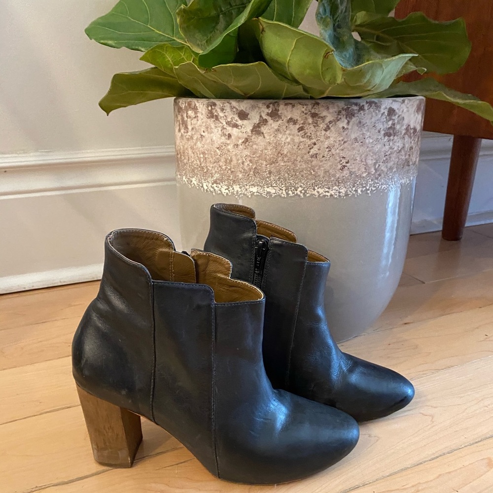 Nina Payne black leather booties with wood heel